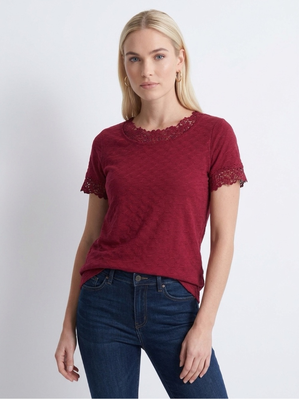 Rebecca Malone Burgundy Lace-Trim Short Sleeve Tee